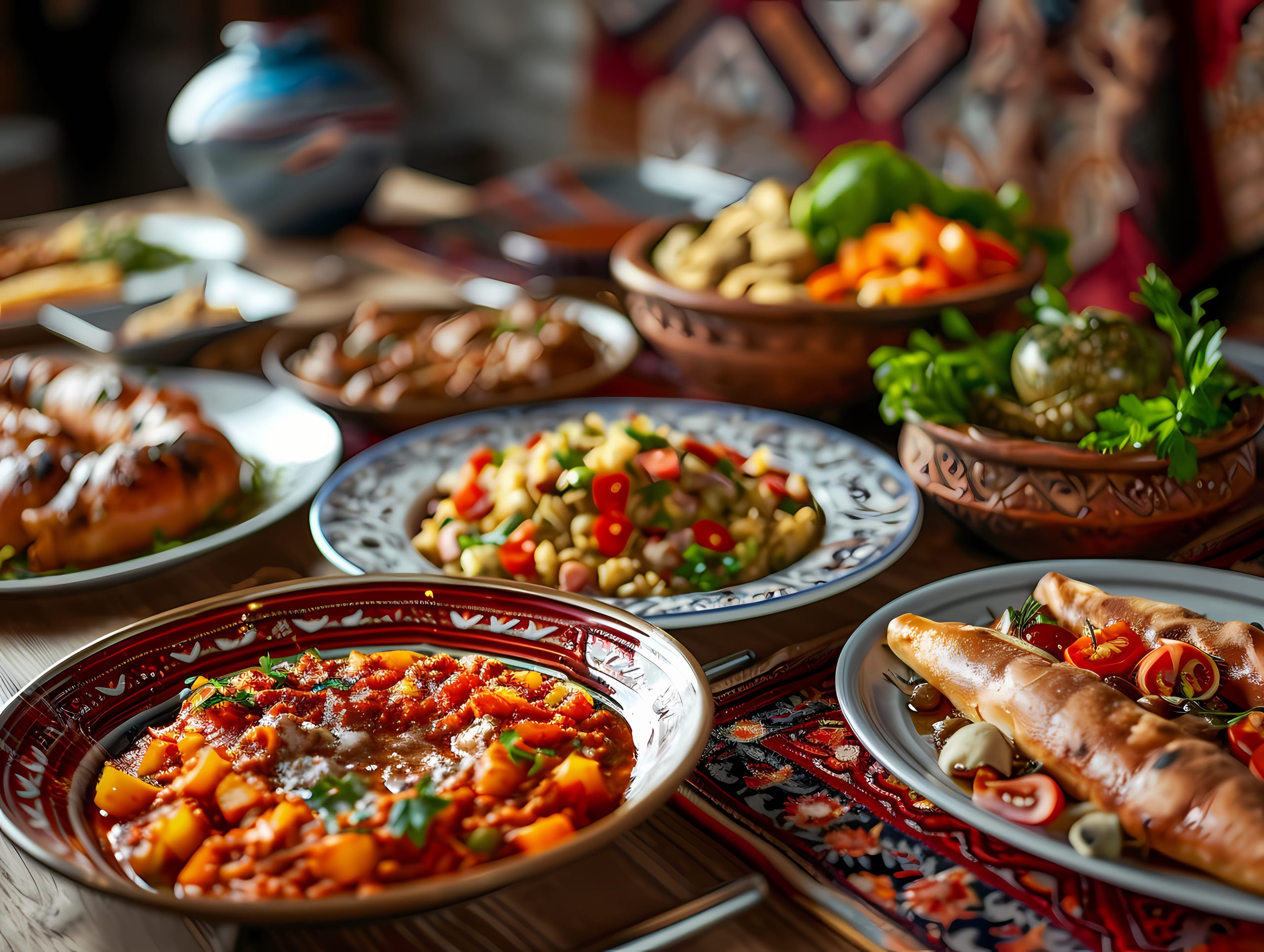 A colorful spread of Middle Eastern dishes, showcasing the diverse menu options offered by small gatherings catering.