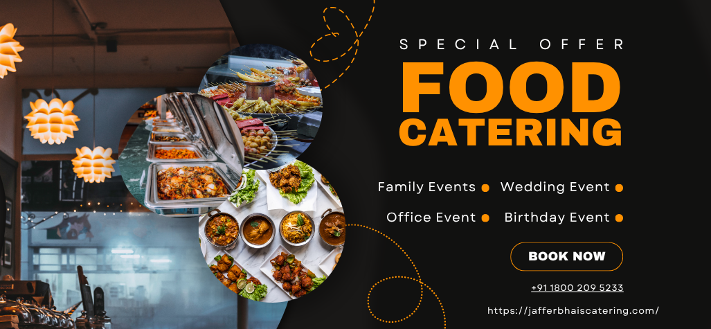 A beautifully decorated wedding buffet setup featuring modern catering dishes, elegant presentation, and stylish decor by Jaffer Bhai’s Delhi Darbar.